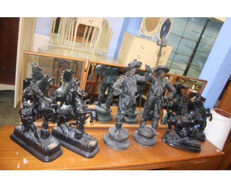 Pair spelter figures and two pairs of Marley horses
