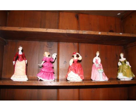 Two Coalport and three Royal Doulton figures