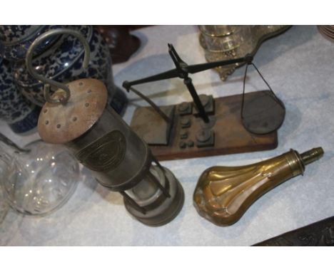 Miners lamp, scales and a powder flask