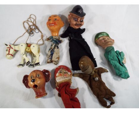 A Muffin the Mule metal puppet and six mid 20th century glove puppets