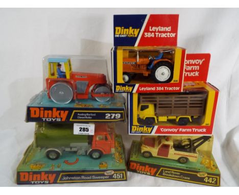 Dinky Die Cast Toys - five models comprising Land Rover Breakdown Crane # 442, Johnston Road Sweeper # 451, Aveling-Barford D