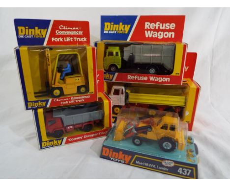 Dinky Die Cast Toys - five models comprising Refuse Wagon # 978, Foden Tipping Lorry # 432, Muir Hill 2WL Loader # 437, Fork 