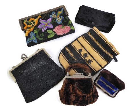 A small group of vintage evening bags and purses - 1920s-50s, including a black beaded evening bag with plated clasp and chai