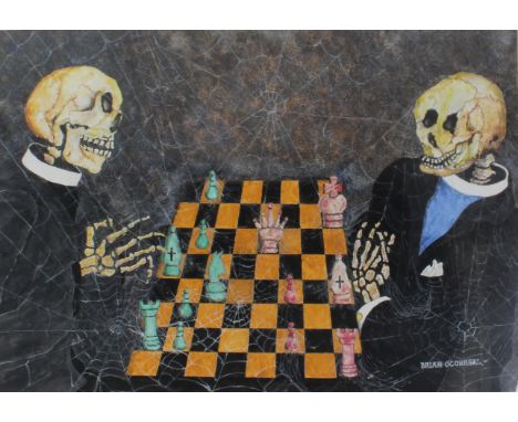 Brian O'Connell (Contemporary) 'It was a long game; the Green King has abdicated and the Bishop is out of his skull' gouache 