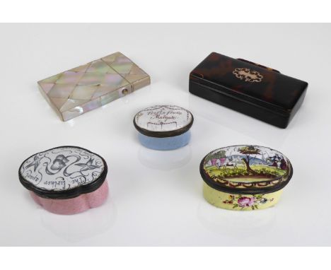 Five pieces: 1. three small early 19th century oval enamel patch boxes 2. a late Georgian tortoiseshell snuff box with gold i