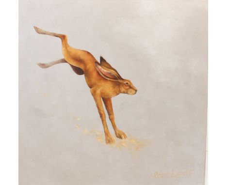 Rosie Lippett (contemporary) 'Leaping Hare' signed (l/r) a large unframed oil on canvas (102 cm square).  