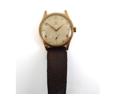 A mid-1950s 9ct gold cased Omega gents manual wind wrist watch - the Dennison case hallmarked Birm. 1955, engraved presentati