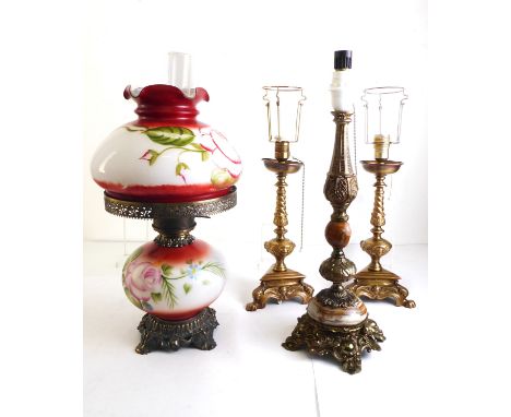 A pair of brass 18th century style candlestick lamps - modern, 37cm. high plus fittings; together with a gilt metal and onyx 