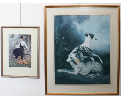 Two colour prints:  1. After Bernard de Clavière (1934-2016) 'Whippets' lithograph 70 x 56 cm (frame 92 x 76 cm)  2. Elliman'