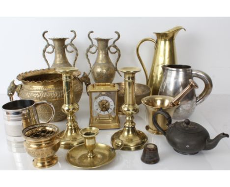 Assorted brassware, silver-plate and collectables to include: an antique pestle and mortar, a crude silver-plated water jug w