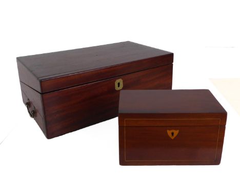 A Victorian mahogany writing slope - 40 x 24 x 15cm.; together with a late Georgian boxwood strung mahogany tea caddy. (2)