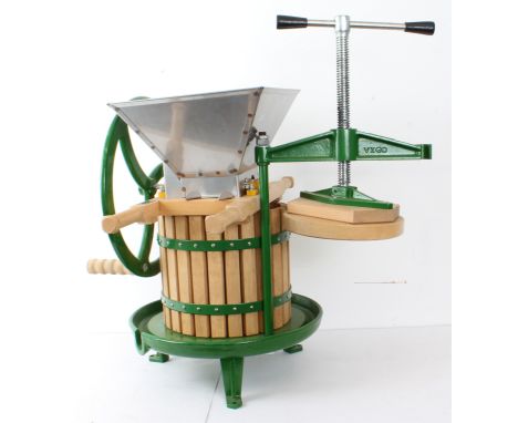 A domestic 12-litre apple or fruit crusher and cider press by Vigo Limited of Devon - with green painted cast-metal frame, st