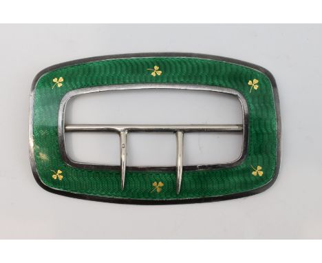 A very fine hallmarked silver and green enamel buckle: decorated with six gold shamrocks against a green&nbsp;guilloch&eacute