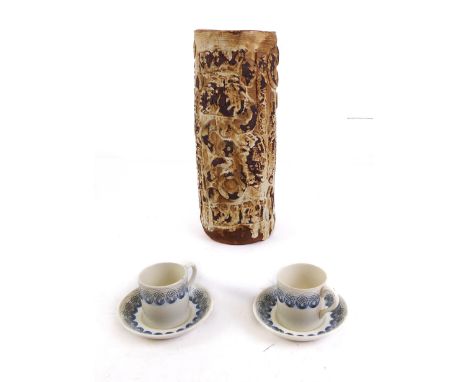 Eric Ravilious for Wedgwood, a pair of 'Harvest Festival' coffee cans and saucers - 1950s, black printed and impressed factor