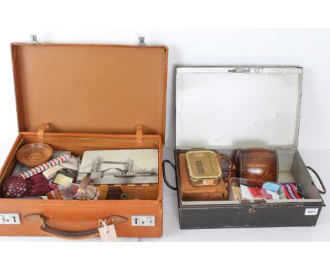 A vintage tan leather briefcase and a deeds box, and their contents to include: the British War and Defence Medals;  a Watfor