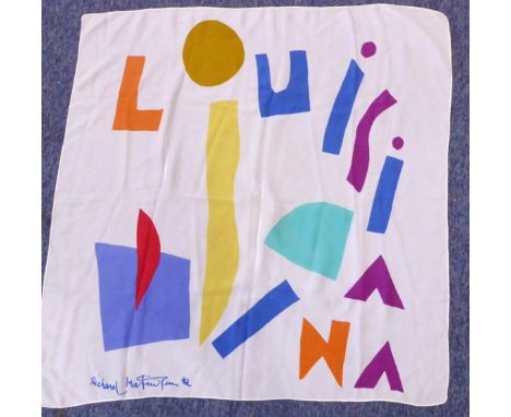 A silk crepe scarf with a geometric pattern of letters and shapes, signed Richard M? 92 (approx. 85 x 86 cm).* Condition: A f
