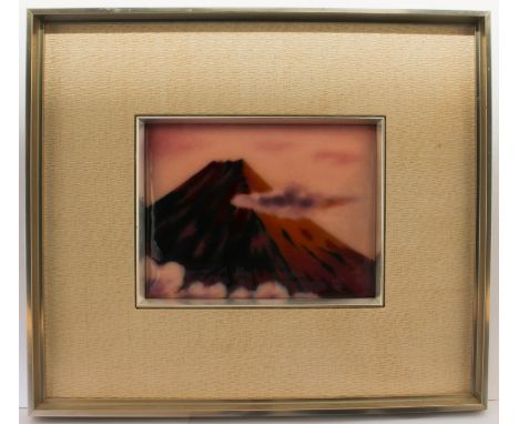 A framed Japanese musen enamel panel - late 20th century, depicting Mount Fuji at sunrise, 14.2 x 18.8cm., within a silk-face