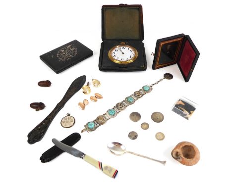 A box of collectables to include a small Roman-style terracotta oil lamp; a morocco cased travel clock; a niello-style cigare