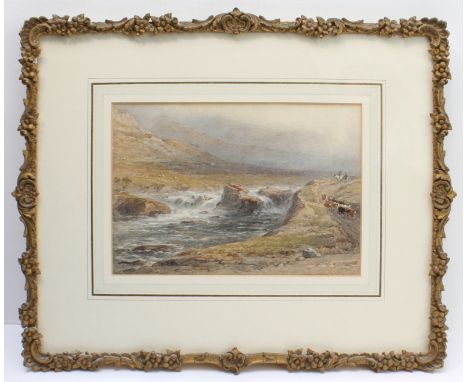 GEORGE ARTHUR FRIPP R.W.S. (British, 1813-1896) -&nbsp;Cattle drovers in a Highland river landscape,&nbsp;watercolour, signed