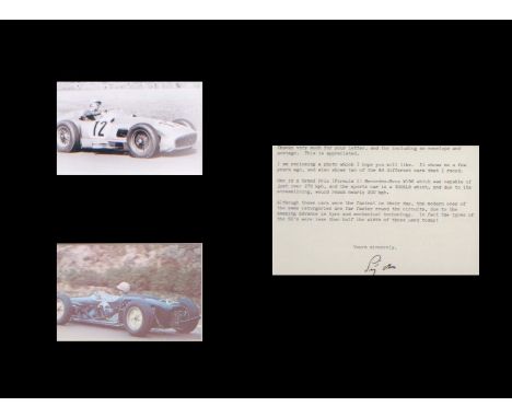 Stirling Moss. Typed letter signed with interesting content mounted with two pictures during races. Thank you very much for y