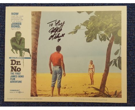 Ursula Andress autographed James Bond print. Print, measuring 16x12 inches taken from a lobby card for the James Bond film Dr