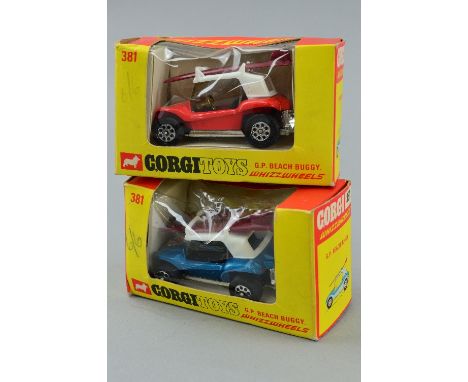 TWO BOXED CORGI TOYS VW G.P. BEACH BUGGIES, No.381, one is orange and white, the other blue and white, both complete with two