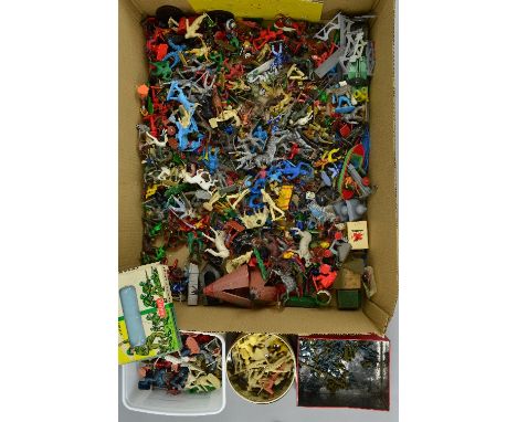 A QUANTITY OF ASSORTED PLAYWORN PLASTIC AND CAST SOLDIER AND OTHER FIGURES, to include Airfix, Britains, Herald, Timpo, Cheri
