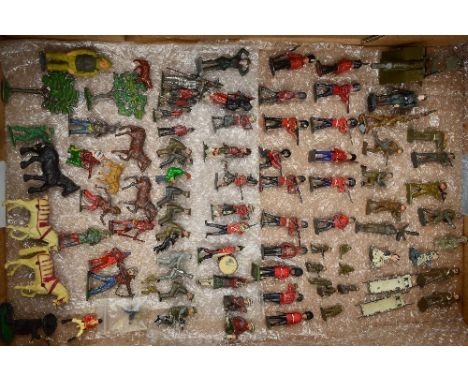 A QUANTITY OF PLAYWORN MAINLY HOLLOWCAST SOLDIER FIGURES, Britains Charbens, Elastolin, etc, includes stretcher party and nur