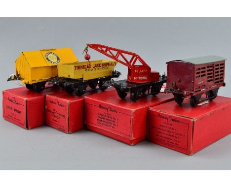 FOUR BOXED HORNBY O GAUGE NO.1 WAGONS, Milk Traffic Van, BR S2435 in maroon, with three milk churns, Cement Wagon 'Portland B