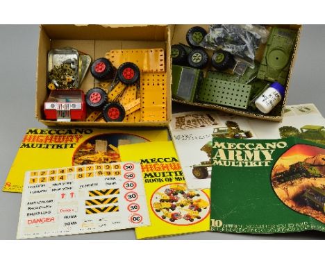 A QUANTITY OF UNBOXED MECCANO MULTI-KIT ITEMS, from both the Army and Highway sets, cabs, wheels, tracks, contents not checke