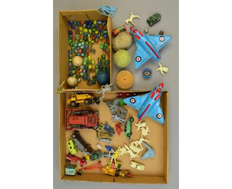 A QUANTITY OF UNBOXED AND ASSORTED PLAYWORN DIECAST VEHICLES AND OTHER TOYS, to include Dinky Toys Riley Saloon, No.40A and M