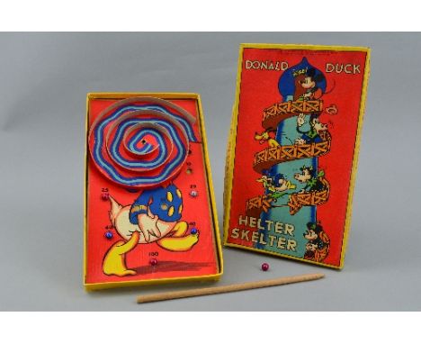 A BOXED CHAD VALLEY DONALD DUCK HELTER-SKELTER, c.1930's, appears complete with six balls (one with major paint loss) and sti