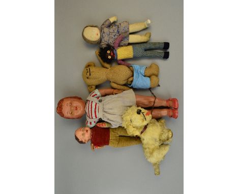 A QUANTITY OF DOLLS AND SOFT TOYS, to include unmarked composition head doll, painted features, moulded hair, cloth body, som