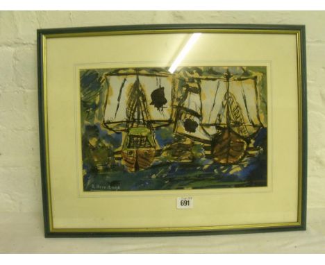 R Armitage – Boats at sea.  9 x 14. Signed    