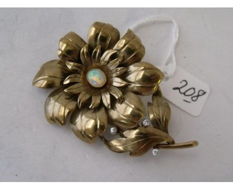 LARGE GOLD FLOWER BROOCH/CLIP SET  with a single opal to centre and 3 lower diamonds  6cm long  16g       