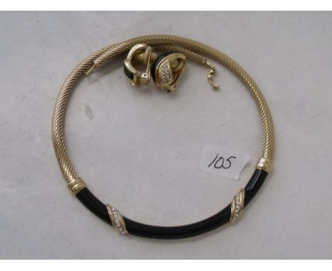 CHRISTIAN DIOR - black enamel stone set gold tone neck collar and matching  ear clips        