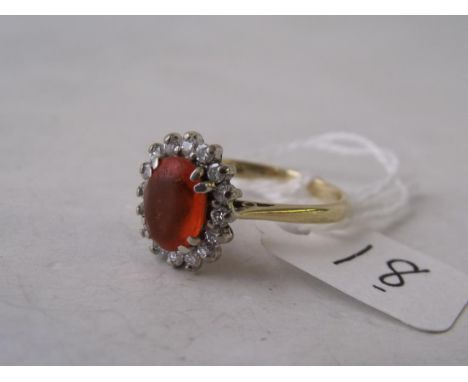 Fire opal and diamond cluster ring the whole mounted in 18ct gold approx size 'P'    