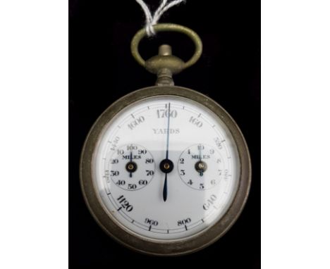 A gunmetal and enamel dial pedometer probably German for the English market. Dial in yards with subsidiary dials for 10 and 1