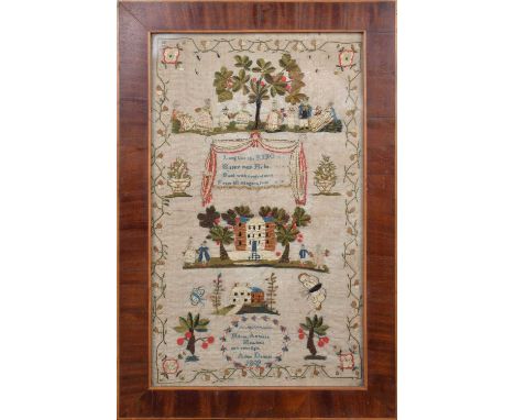 Sampler dated 1809, signed by Marie-Annette Newlett, worked on cotton with silk thread depicting dancing figures under fruiti