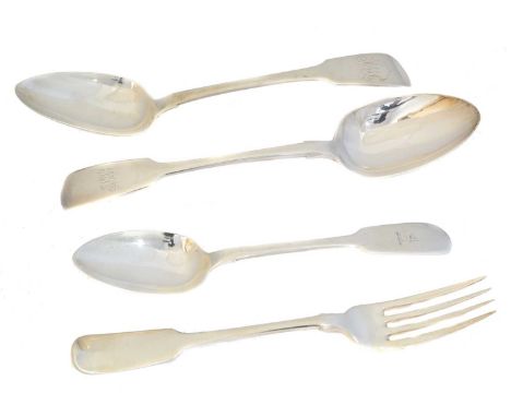 A selection of George III and later Dublin silver flatware, fiddle pattern, various makers and dates, gross weight 7.84ozt.Co