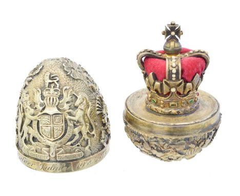 A silver gilt and enamel 'Silver Jubilee' surprise egg by Stuart Devlin, the exterior decorated with royal crest, shamrocks, 