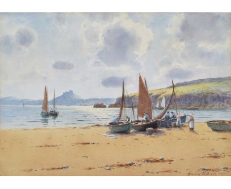 Warren Williams A.R.C.A. (British 1863-1941) Coastal scene with Criccieth Castle in the distance, signed, watercolour.27cm x 