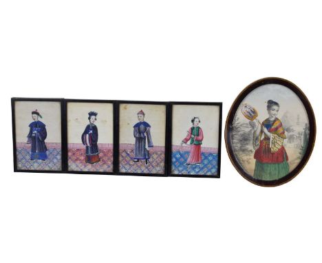 Four Chinese pith paintings depicting a family comprised of a father, mother, son &amp; daughter in traditional dress standin