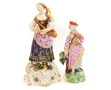 Two Derby figures of ladies, one late 18th century with patch mark base, the other Bloor Derby period. 19cm high Condition re