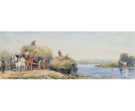 Robert Thorne Waite R.W.S. (British 1842-1935) Figures loading hay onto a barge, signed, watercolour.12cm x 34.5cm (4.75in x 