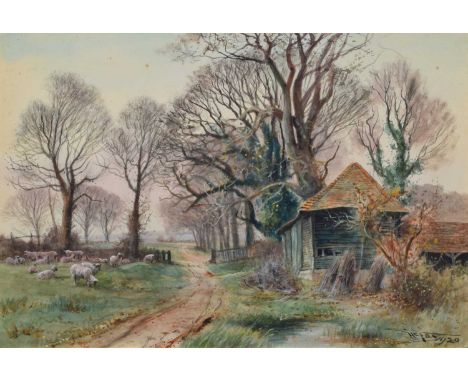 Henry Charles Fox R.B.A. (British 1860-1925) Rural lane with sheep, signed and dated 1920, watercolour.37cm x 54.5cm (14.5in 