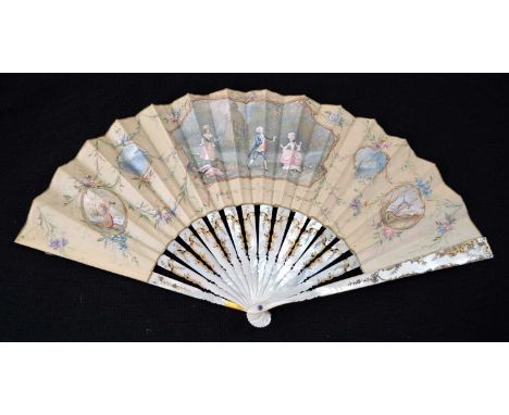 Gilded mother of pearl monture fan with painted silk leaves showing a game of marco polo including two female figures and a b