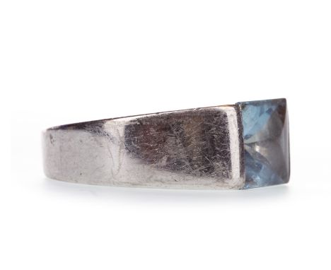 CARTIER TANK RING, set with a square blue gem 8mm wide, numbered 15500, marks worn, hand engraved with 'CTIER 1997' marked 75