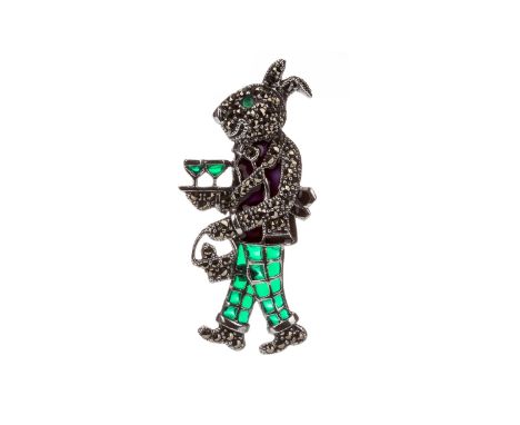 PLIQUE-A-JOUR RABBIT BROOCH, modelled as a waiter with emerald eyes and marcasite body, with black and green plique-a-jour en