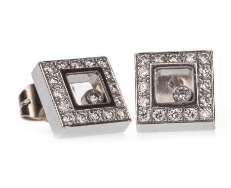 PAIR OF CHOPARD HAPPY DIAMONDS EARRINGS, of square form, each with a free moving round brilliant cut diamond under crystal, w